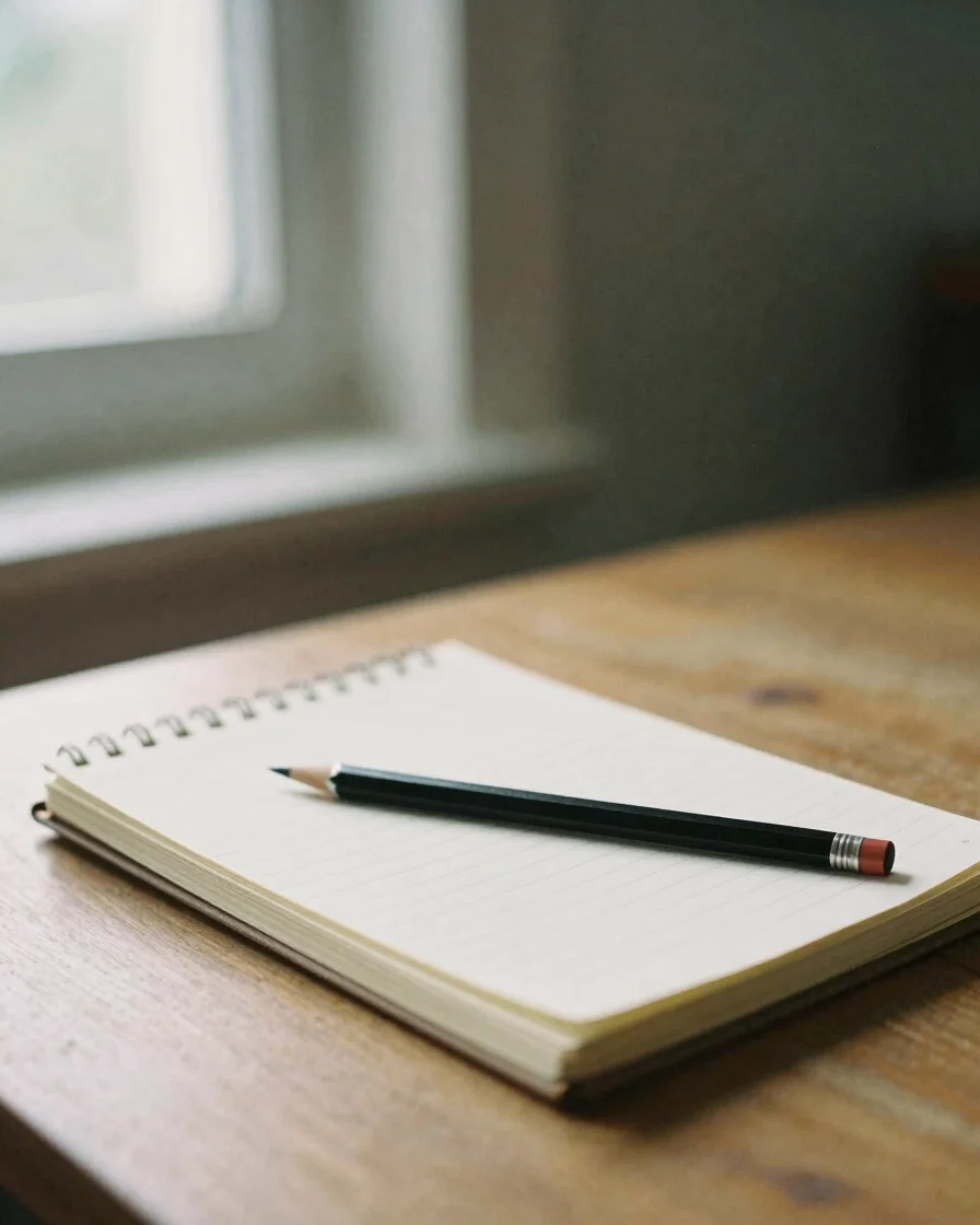 Editorial close-up of a worn notebook and pencil on a wooden desk, soft natural window light from the left, restrained n